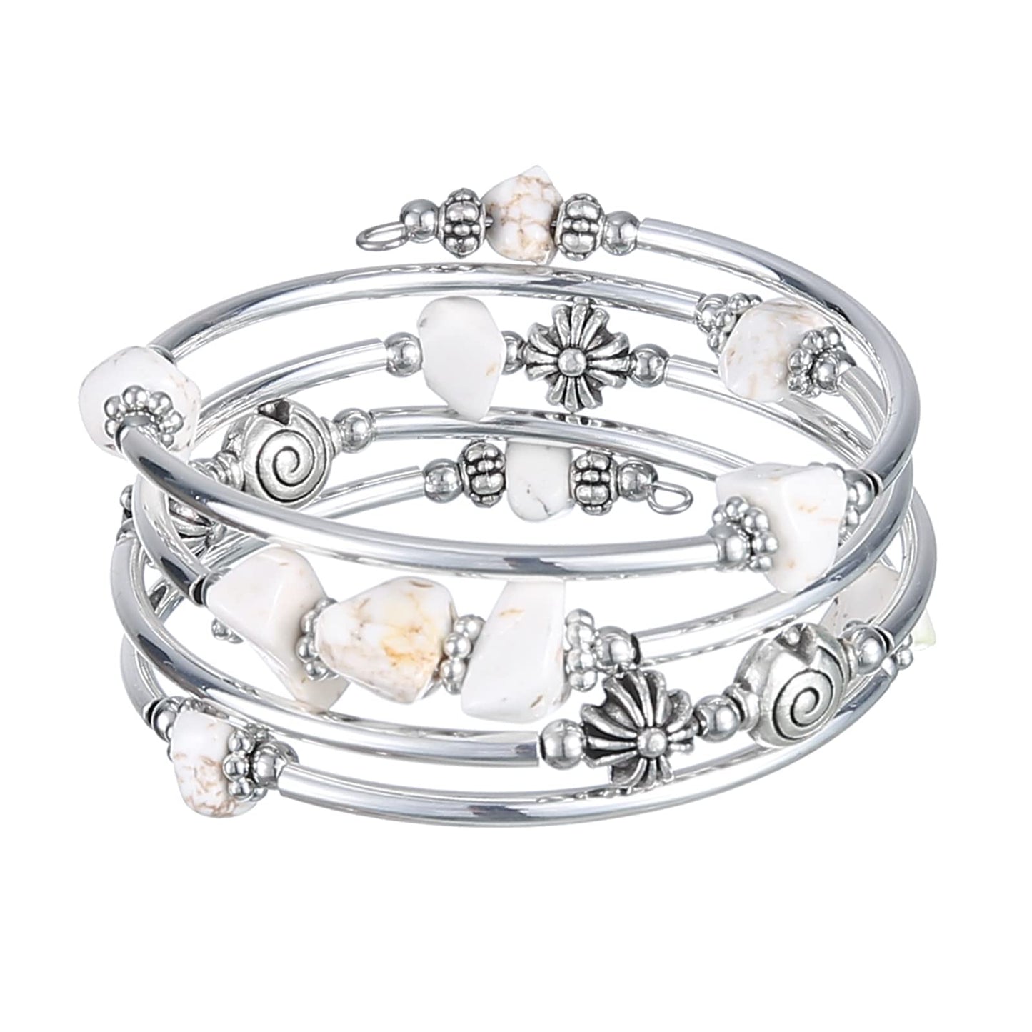 FULU AUTUMN Stone Silver Bangle Wrap Bracelet Boho Turquoise Crystal Chips Bead Bracelets Fashion Jewelry Birthday Gifts for Women(19-White turquoise)