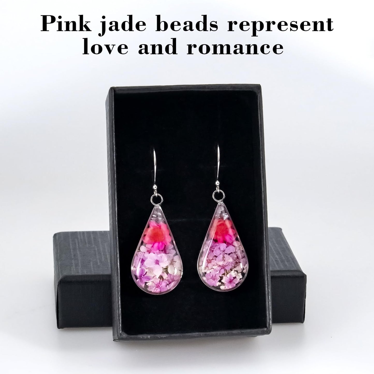 925 Sterling Silver Pressed Flower Teardrop Earrings,Hypoallergenic Women's Jewelry Gift for Mom,Handmade natural dried flower teardrop earrings Jewelry Gift (Emerald Rose Pink)