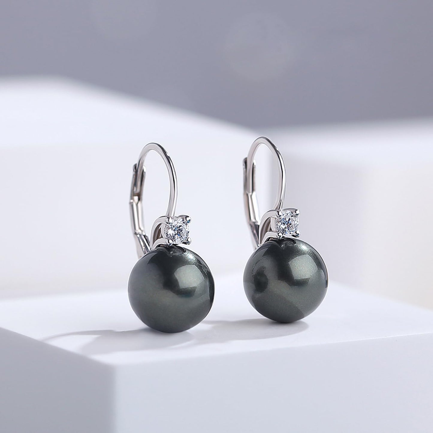 Black Pearl Leverback Earrings Pearl Dangle Drop Earring for Women 925 Sterling Silver Cubic Zirconia 10mm Jiahanzb
