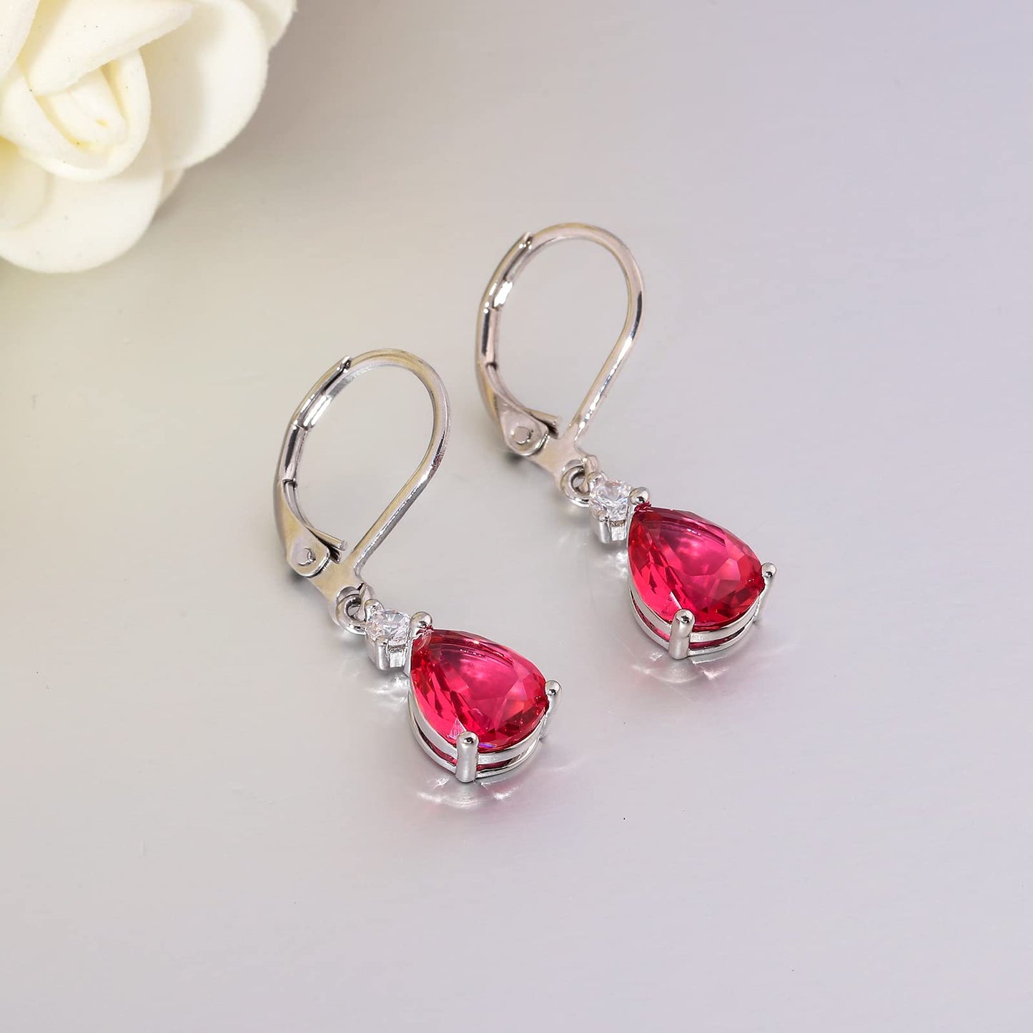 CiNily Leverback Dangle Earrings for Women 14K White Gold Plated Drop Earrings Red Cubic Zircon Fashion Teardrop Hoop Earrings Hypoallergenic Jewelry for Sensitive Ear