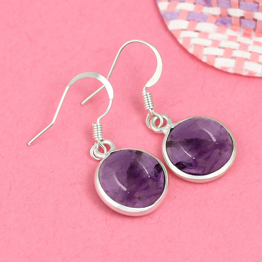Natural Amethyst 925 Silver Plated Dangle Earrings for Women - Round Shape Purple Color Gemstone February Birthstone Handmade Jewelry Earrings - Valentine's Day Gift for Love
