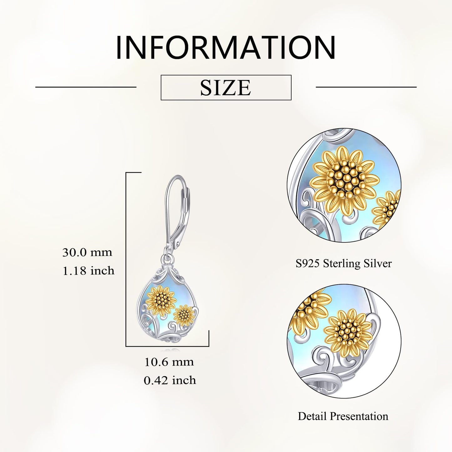 POPLYKE Moonstone Sunflower Teardrop Drop Dangle Earrings Sterling Silver Sunflower Leverback Earrings Moonstone Jewelry Gifts for Women