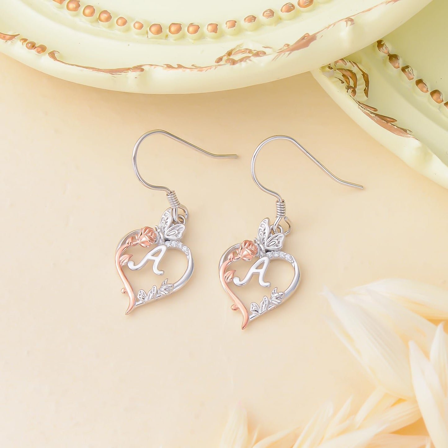 TOUPOP Rose Heart Initial Earrings Sterling Silver Butterfly Earring Initial A Letter Drop Dangle Earrings Jewelry Anniversary Birthday Mothers Day Gifts for Women Mom Wife Girlfriend Her