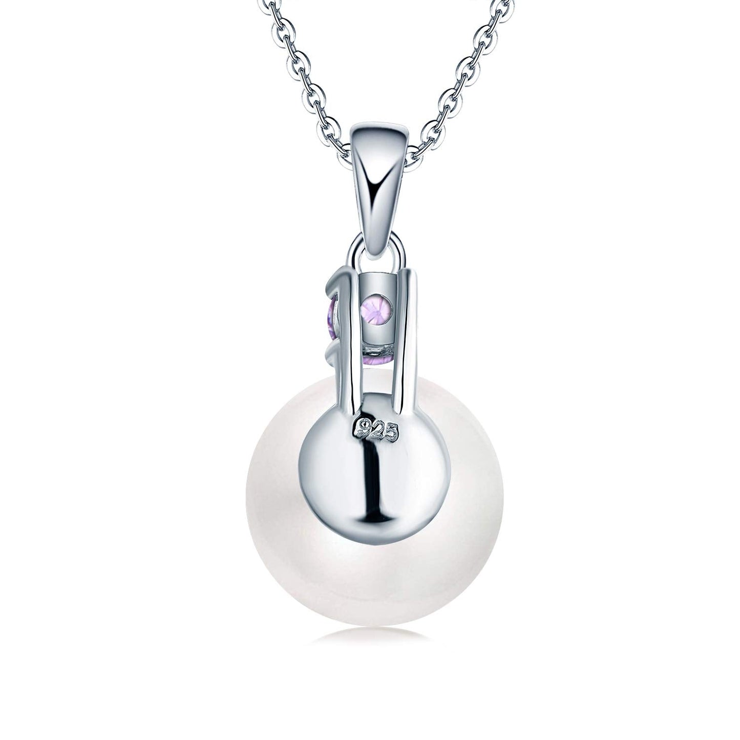 JO WISDOM Pearl Necklace,925 Sterling Silver Cubic Zirconia 10mm White Freshwater Pearl Pendant Necklace,Amethyst June Birthstone Jewelry for Women