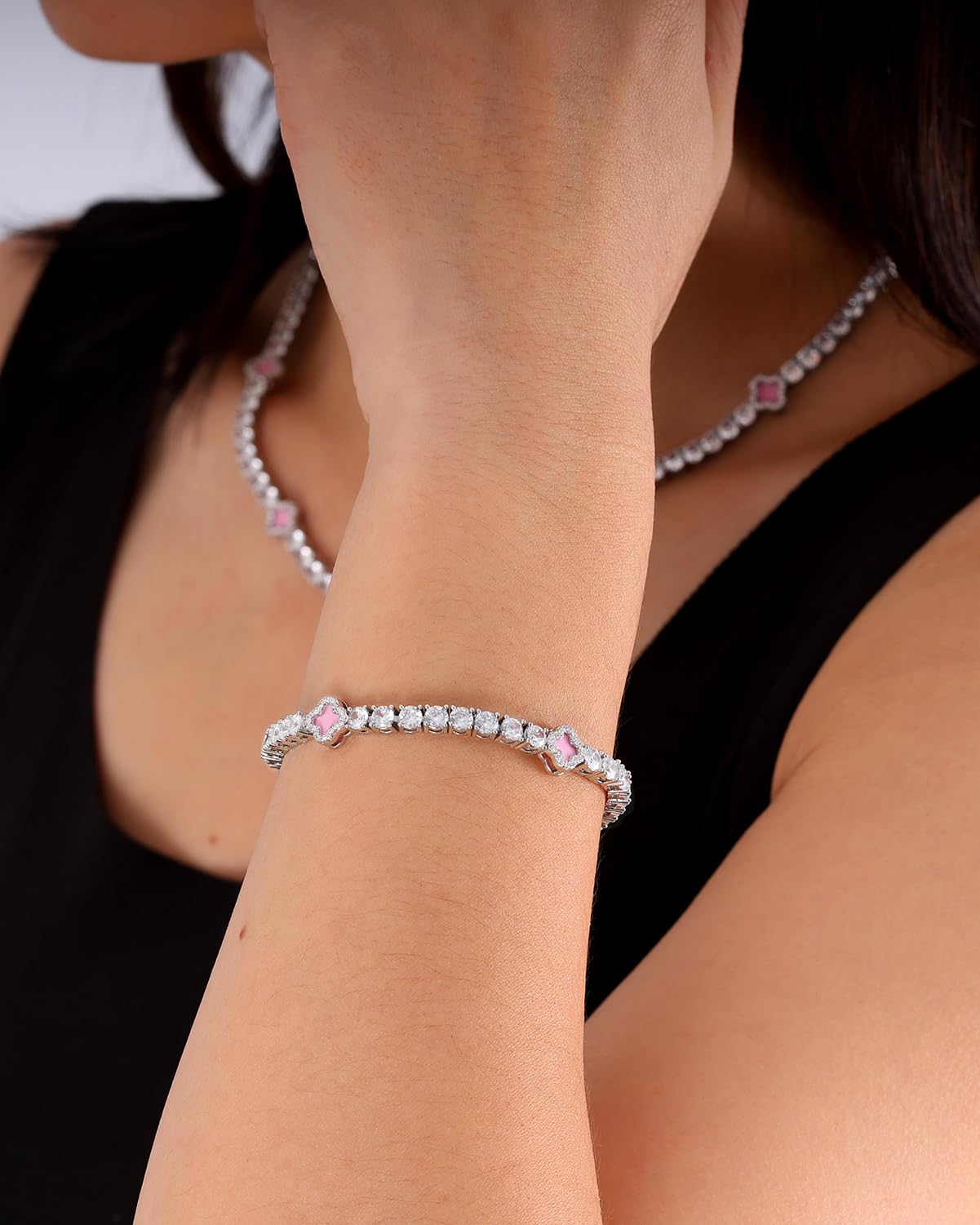 LuxeFlex 4mm Iced Out Clover Tennis Bracelet, White Gold Plated with 5A Zircon Stones, Handmade exquisite Hip Hop Jewelry, Perfect Unisex Gift (White Gold-Pink,7)