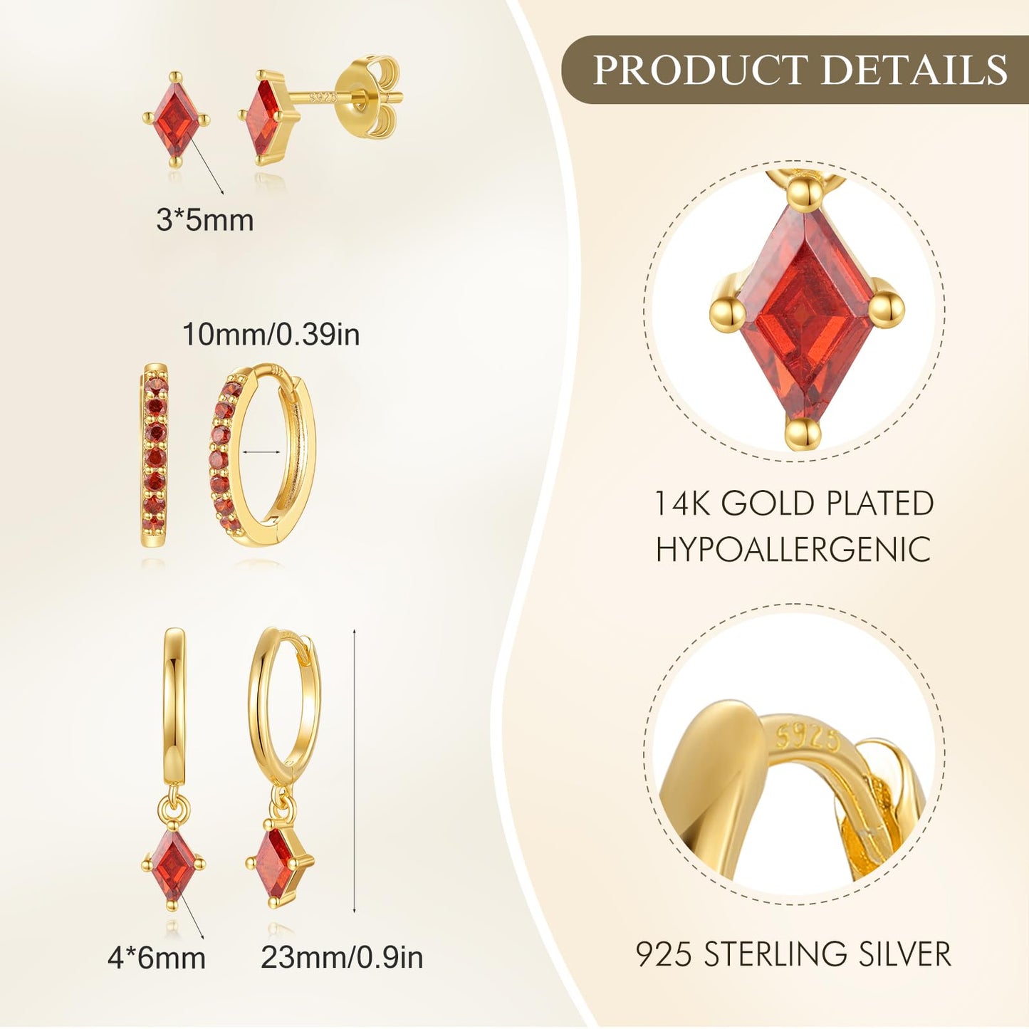 Gold Hoop Earrings Set for Women, Dainty 14K Gold Plated Red Earrings, Hypoallergenic Trendy Small Earring Stacks Multiple Piercing, Huggies Dangle Earring Red Jewelry for Women
