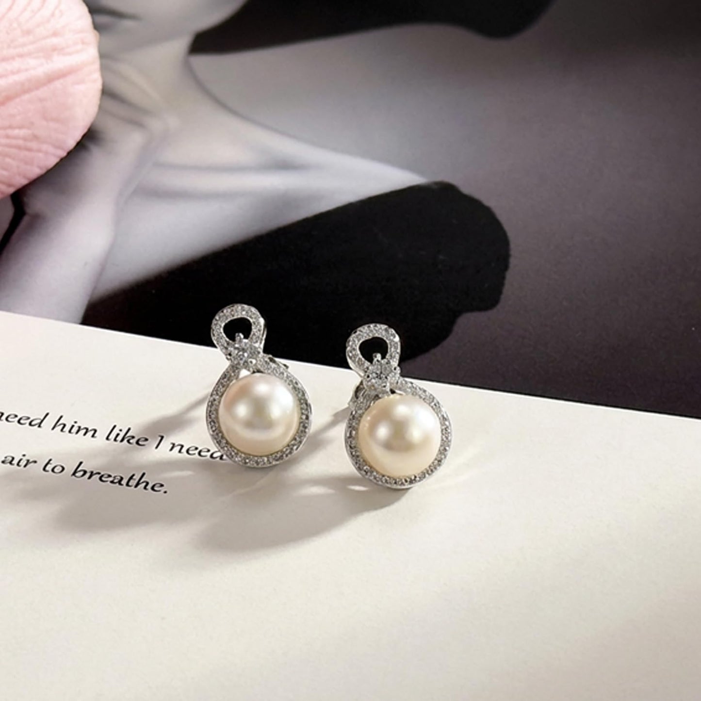 BAMIKI S925 Sterling Silver Infinity Pearl Earrings Stud for Women, Genuine Quality 8-8.5mm Round Akoya Cultured White Pearls, Hypoallergenicity Jewelry Gifts for Mother Wife Bridal