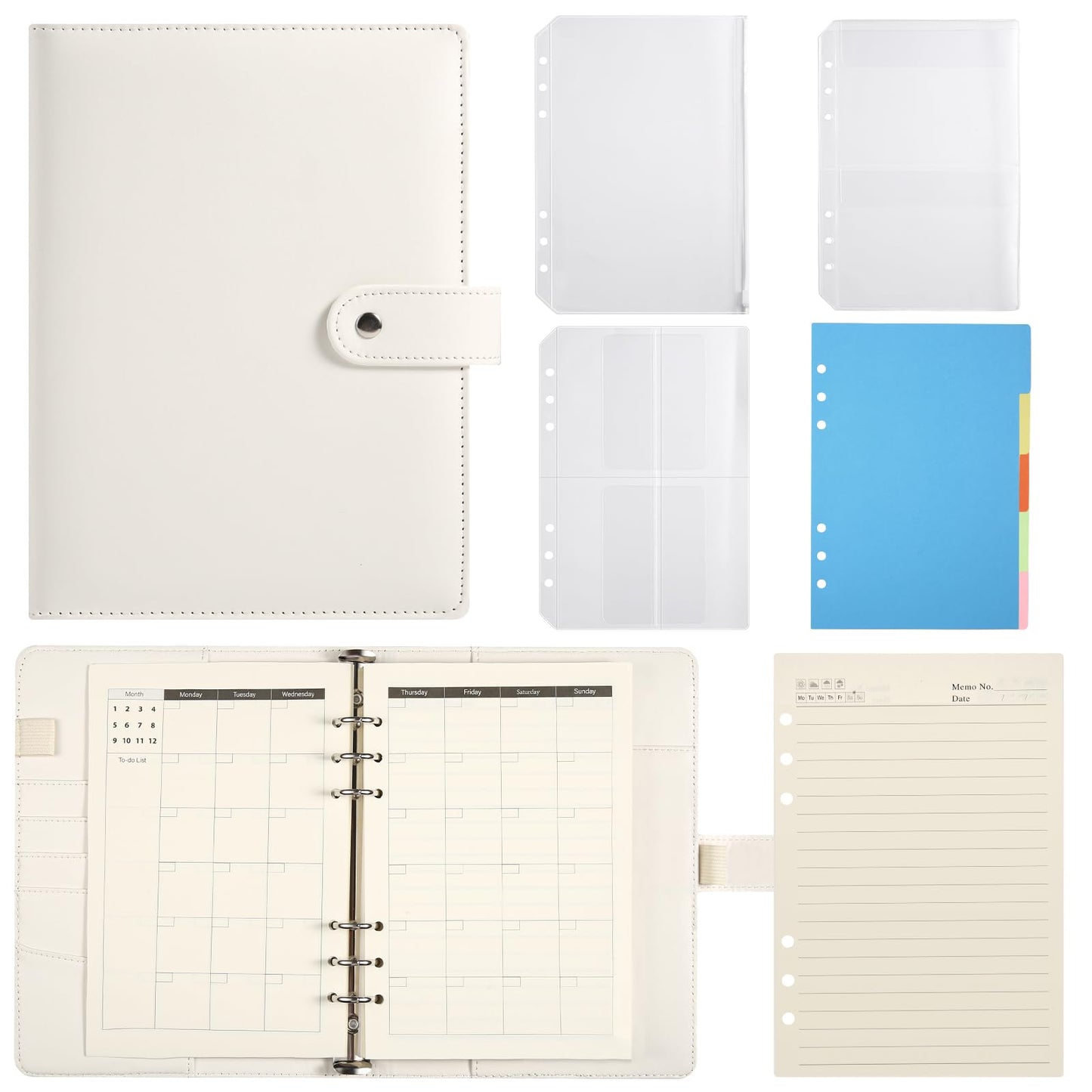 A5 6 Ring Planner Binder - Refillable PU Leather Notebook Organizer with 80 Line Sheets, Monthly Sheets, Plastic Pockets and Dividers, Beige