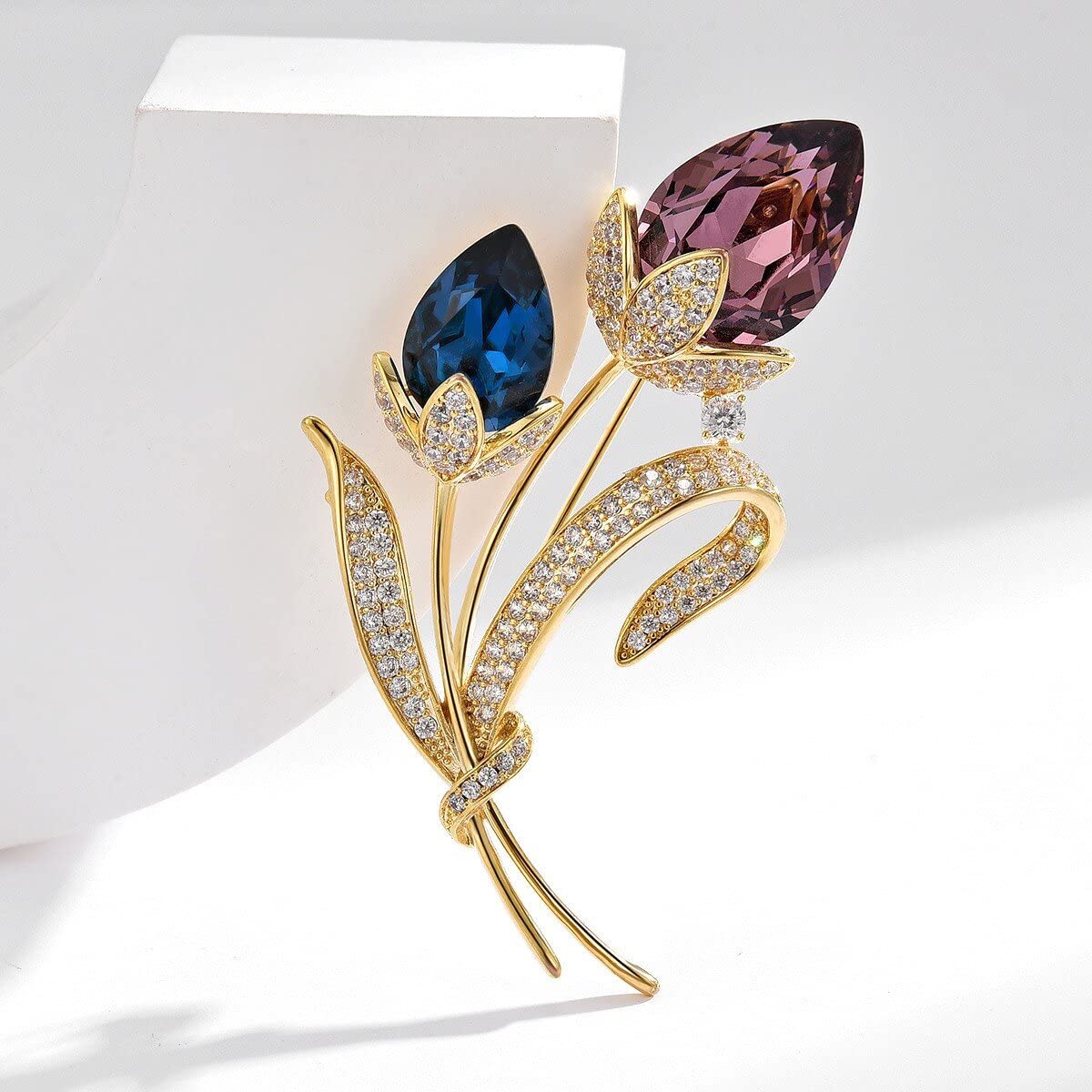 EMEGCY Tulip Brooch Pin Tulip Pin Rhinestone Brooches 18k Gold Plated Tulips Lapel Pin Crystal Flower Jewelry for Women Dress Accessories Birthday Christmas Gift
