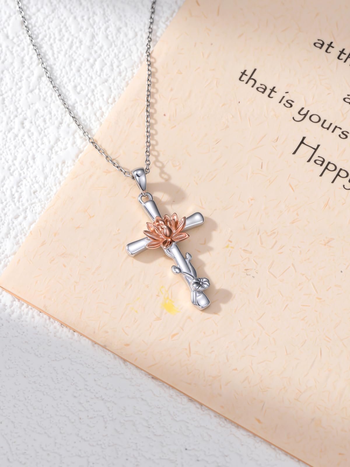 Cargari Lotus Flower Cross Necklace 925 Sterling Silver Lotus Pendant Necklace Floral Religious Jewelry Gift for Women