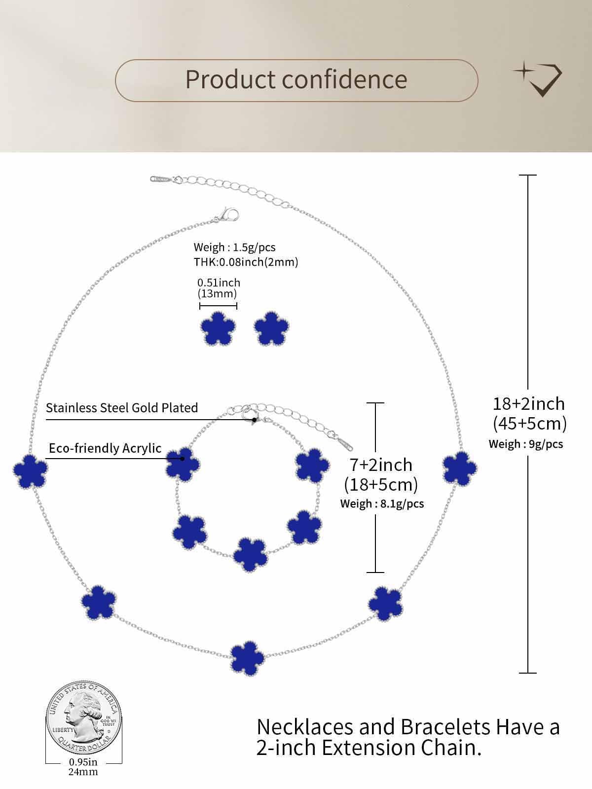 Qinpan Five Leaf Clover Necklace Bracelet and Stud Set for Women Lucky Flower Jewelry (Royal Blue-Stainless Steel)