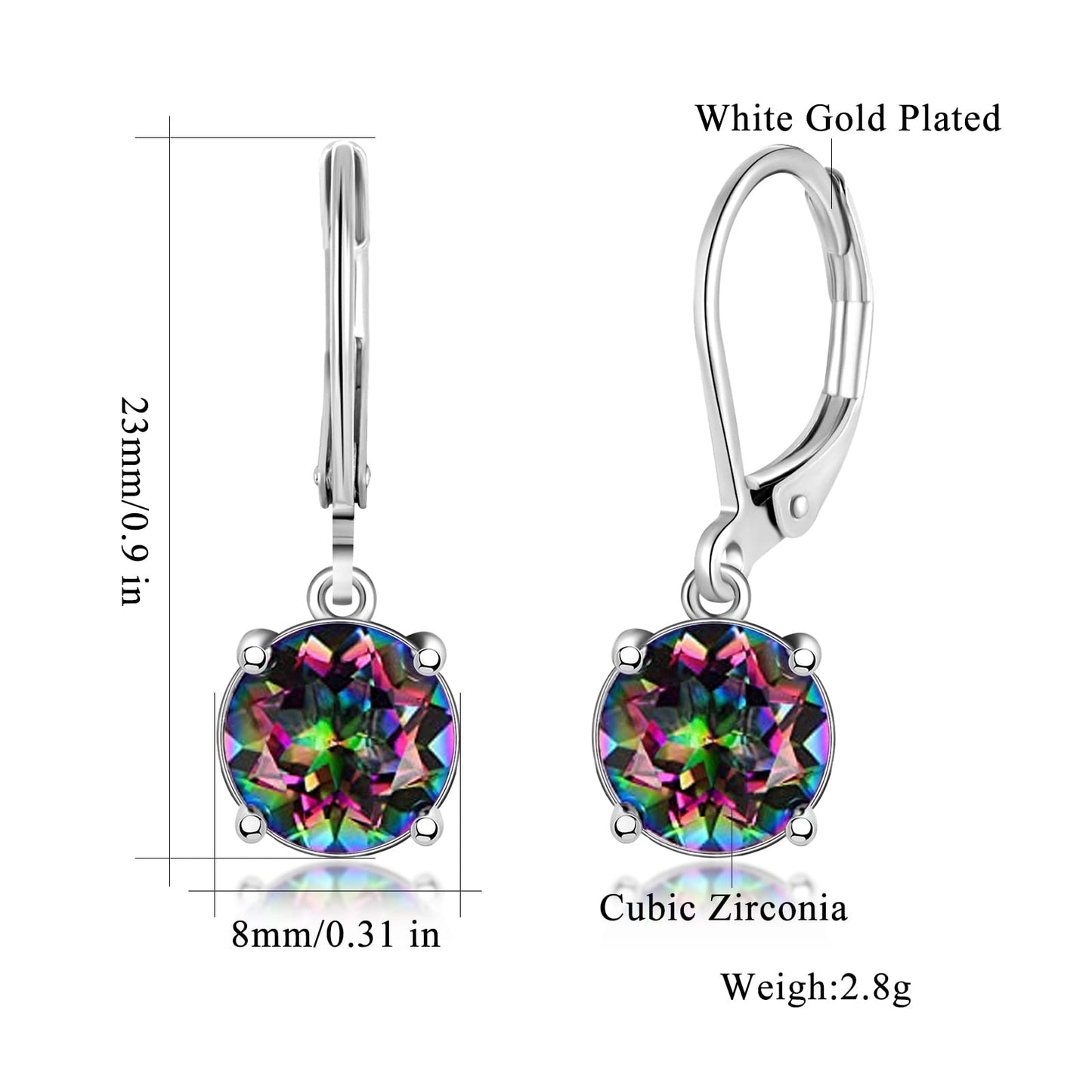 CiNily Leverback Dangle Earrings Created Mystic Rainbow Crystal Drop Earrings White Gold Plated Hypoallergenic Jewelry for Women for Sensitive Ears 8 mm