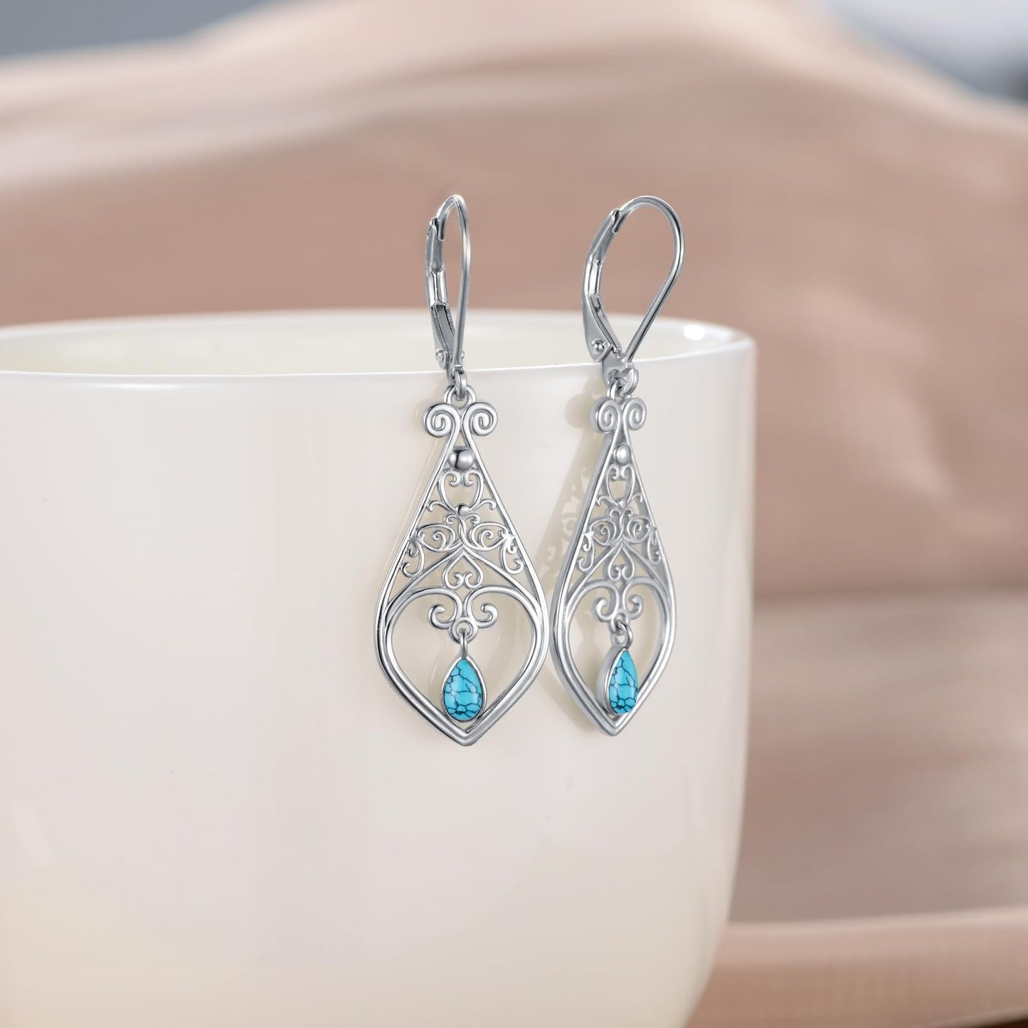 VONALA Filigree Earrings 925 Sterling Silver Turquoise Leverback Earrings Teardrop Dangle Dangling Drop Earrings Boho Jewellery Gift for Women