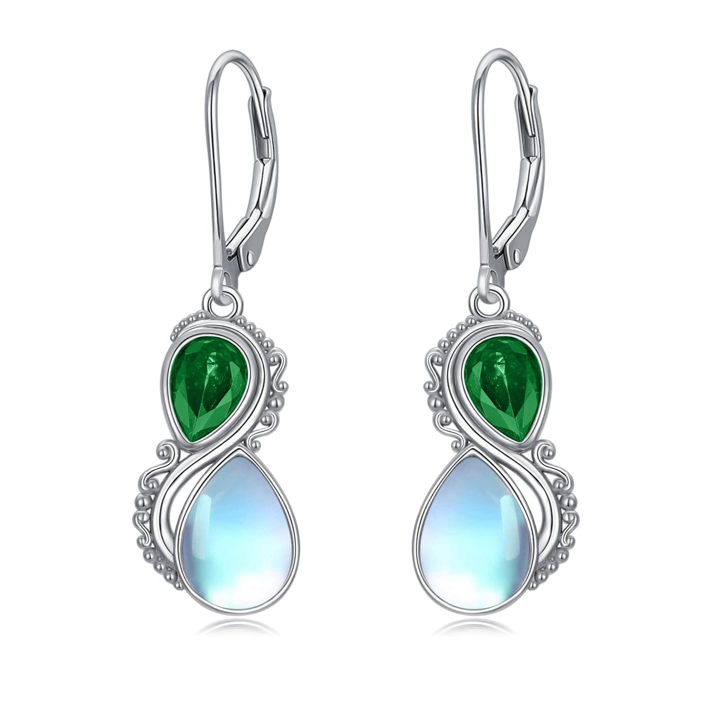 Moonstone Earrings 925 Sterling Silver Vintage Dangle Drop Leverback Earrings with Emerald Green May Birthstone Jewelry Gifts for Women