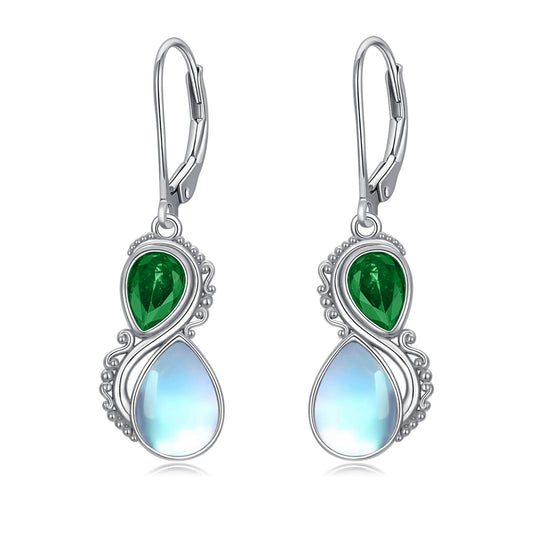 Moonstone Earrings 925 Sterling Silver Vintage Dangle Drop Leverback Earrings with Emerald Green May Birthstone Jewelry Gifts for Women