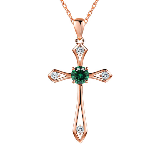 QUALISE Cross Necklace for Women,925 Sterling Silver Birthstone Necklace,Emerald-May Birthstone Cross Necklace, Faith Religious Fine Jewelry Valentines Day Gifts Birthday Holiday Gifts for Her
