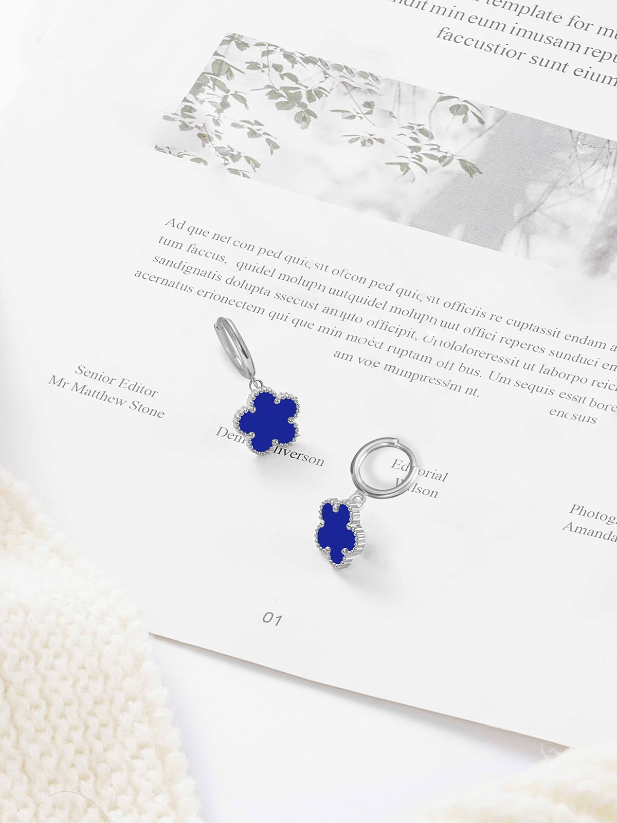Gold Plated Five Leaf Clover Dangle Earrings for Women Lucky Flower Jewelry (Royal Blue-White Gold Plated)