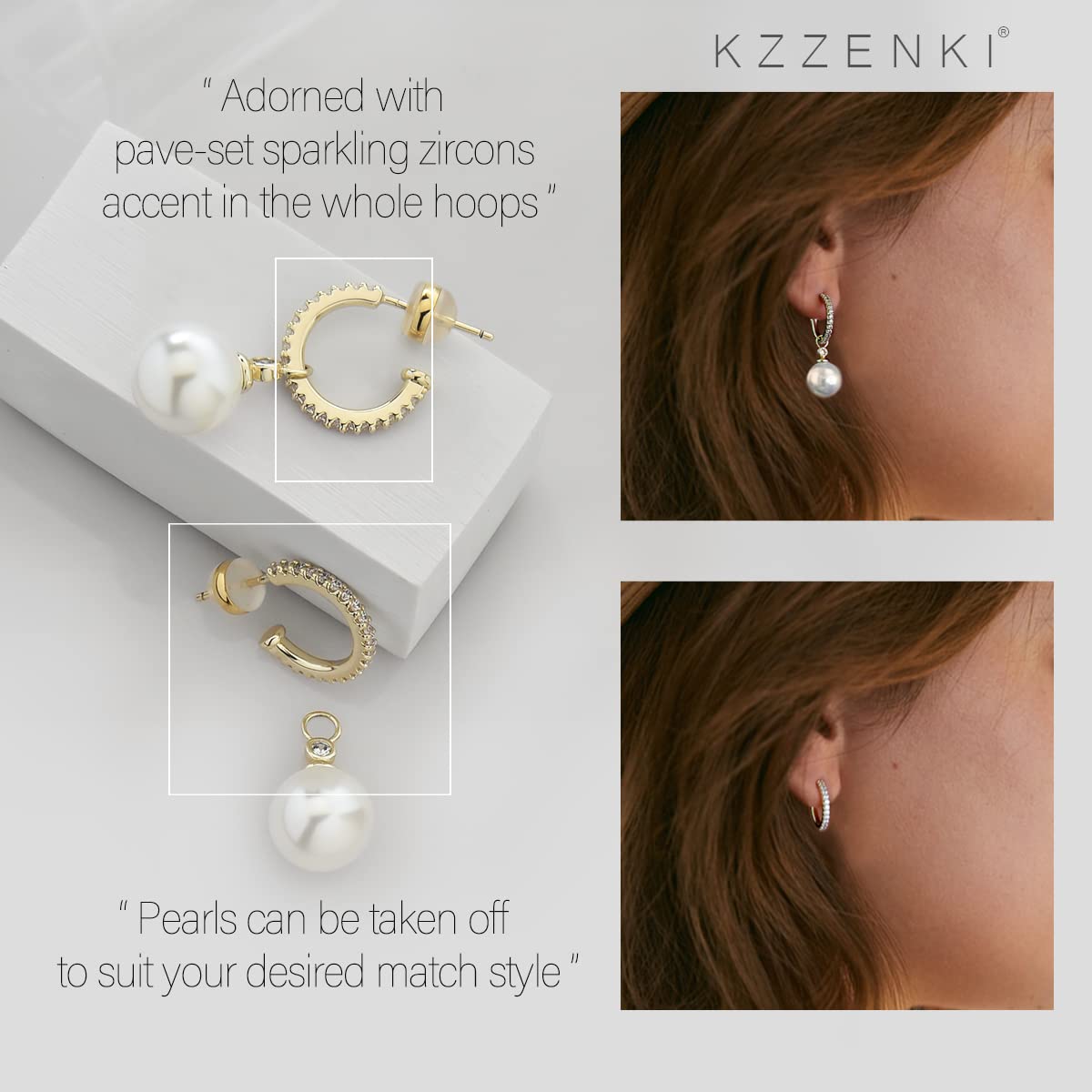 KZZENKI 14k Gold Pearl Earrings for Women, Sterling Silver Post Bridal Pearl Earrings Drop Dangle Earrings Cubic Zirconia Open Hoop earrings Jewelry Trendy