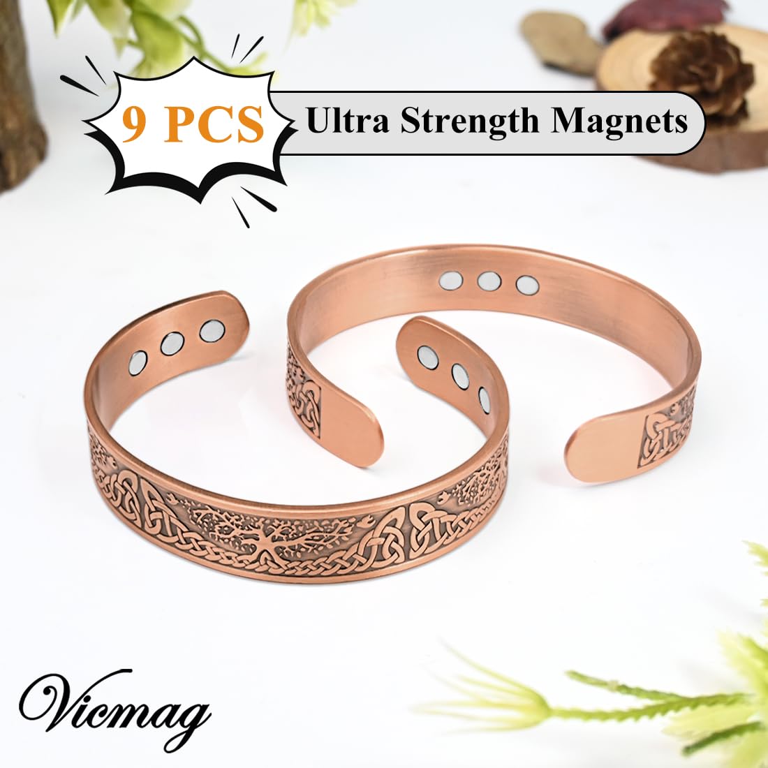 Vicmag Copper Magnetic Bracelet for Men Magnetic Bracelets 9X Ultra Strength Magnets Tree of Life Pattern Adjustable 99.9% Solid Pure Copper Present(Tree & Ring)