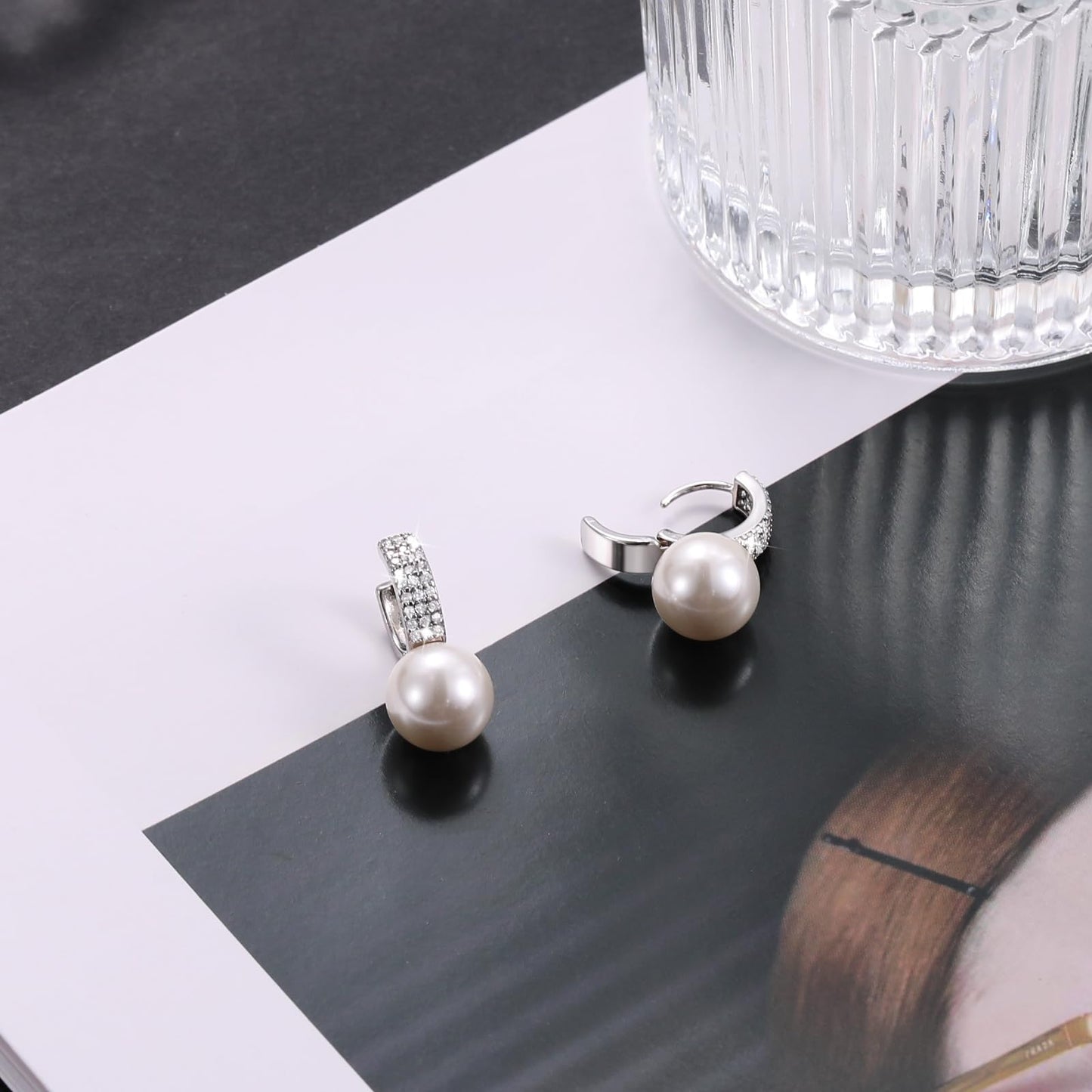 Pearl Earrings for Women 14K Gold Plated Hypoallergenic Pearl Earrings 5A Cubic Zirconia Dangle Earrings Elegant Jewelry (6-Silver)