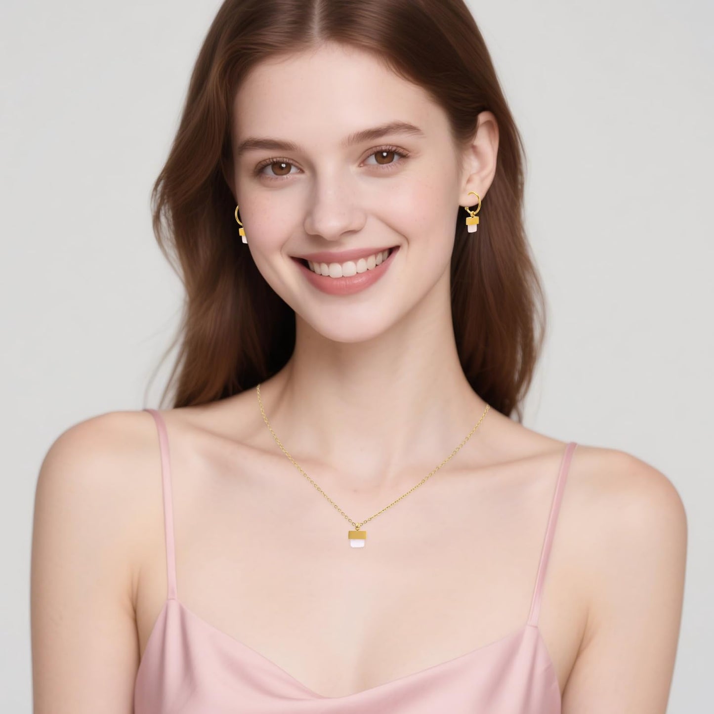 TaYolnFaSo Natural Rose Quartz Necklace and Earrings Set for Women 18K Gold Plated Rose Quartz Jewelry Set Square Gemstone Jewelry Gift
