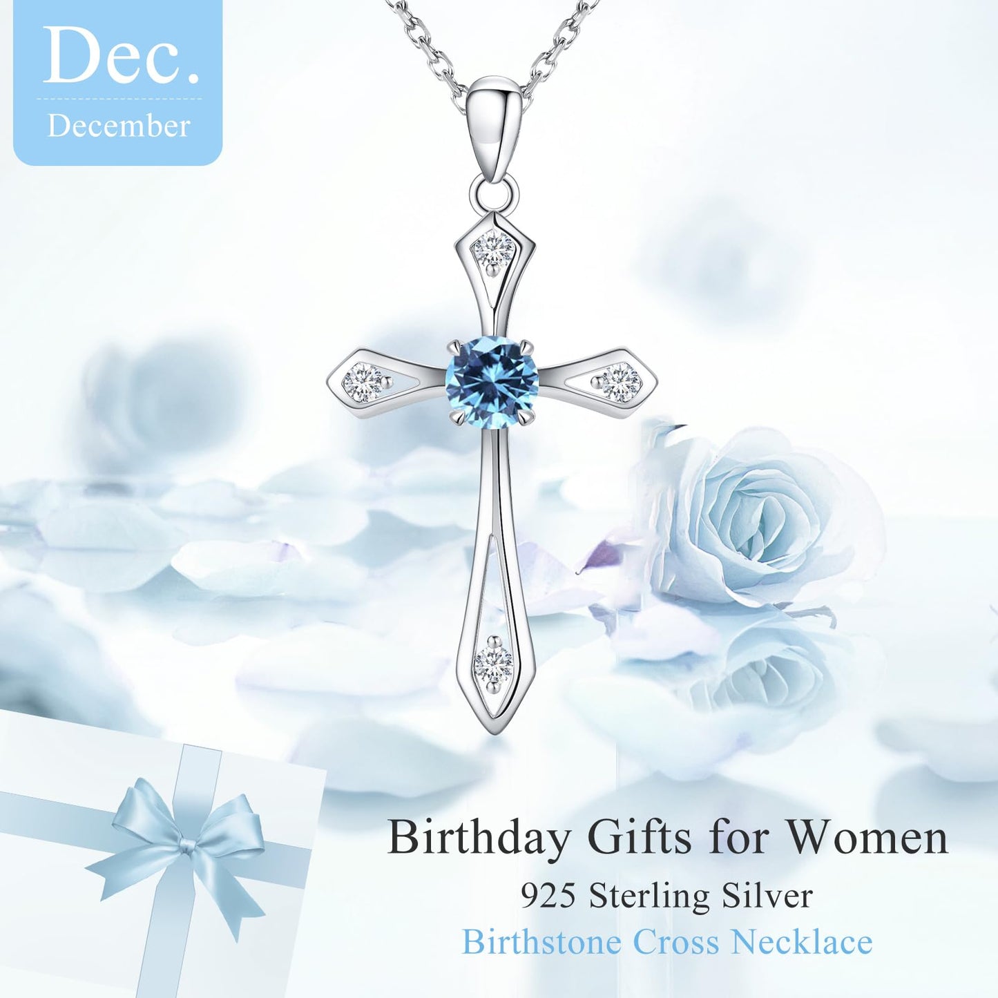 Cross Necklace for Women ,925 Sterling Silver Birthstone Necklace,Blue Topaz- December Birthstone Cross pendant jewelry,Faith Religious Fine Jewelry Valentines Day Gifts Birthday Holiday Gifts for Her