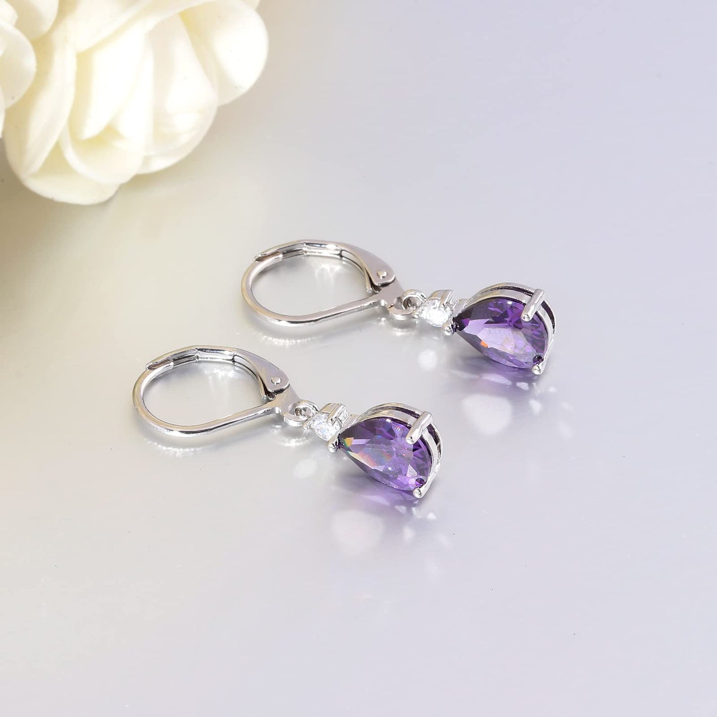 CiNily Leverback Dangle Earrings for Women 14K White Gold Plated Drop Earrings Purple Cubic Zircon Fashion Teardrop Hoop Earrings Hypoallergenic Jewelry for Sensitive Ear