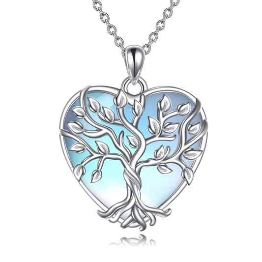 YAFEINI Moonstone Tree of Life Pendant Necklace - 925 Sterling Silver Heart Jewelry for Women