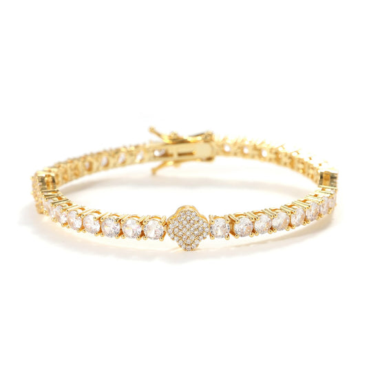 LuxeFlex 4mm Iced Out Clover Tennis Bracelet, White Gold Plated with 5A Zircon Stones, Handmade exquisite Hip Hop Jewelry, Perfect Unisex Gift (Gold-All stone,7)