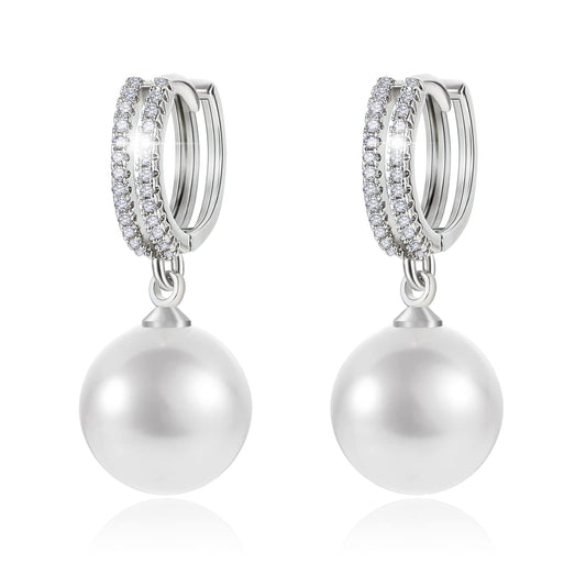 Pearl Earrings for Women 14K Gold Plated Hypoallergenic Pearl Earrings 5A Cubic Zirconia Dangle Earrings Elegant Jewelry (4-Silver)