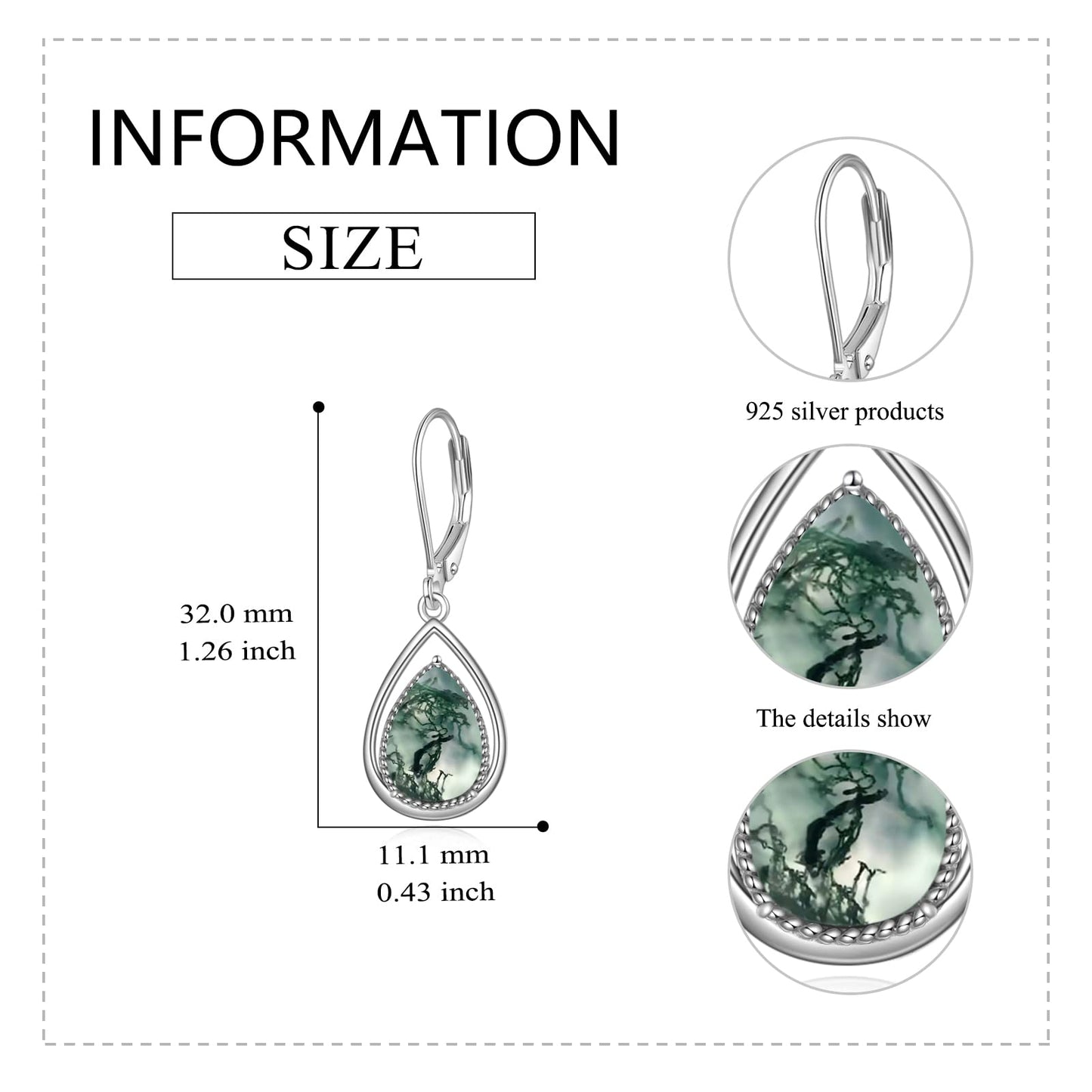 VONALA Moss Agate Earrings 925 Sterling Silver Agate Moss Teardrop Leverback Drop Dangle Earrings Jewelry Gifts