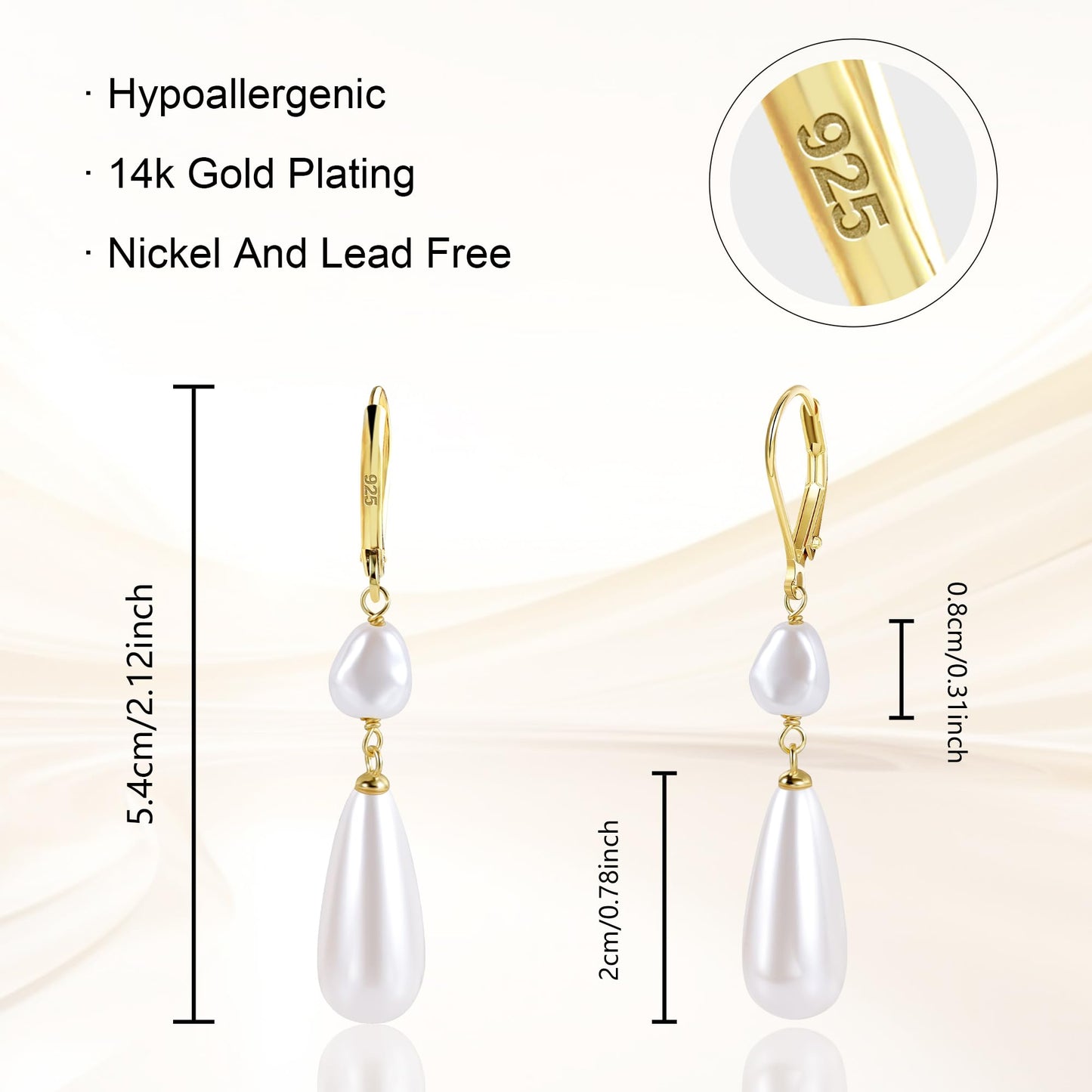 14K Gold Pearl Dangle Earrings for Women 925 Sterling Silver Double Pearl Drop Earrings Leverback Irregular Pearls Hypoallergenic Earring