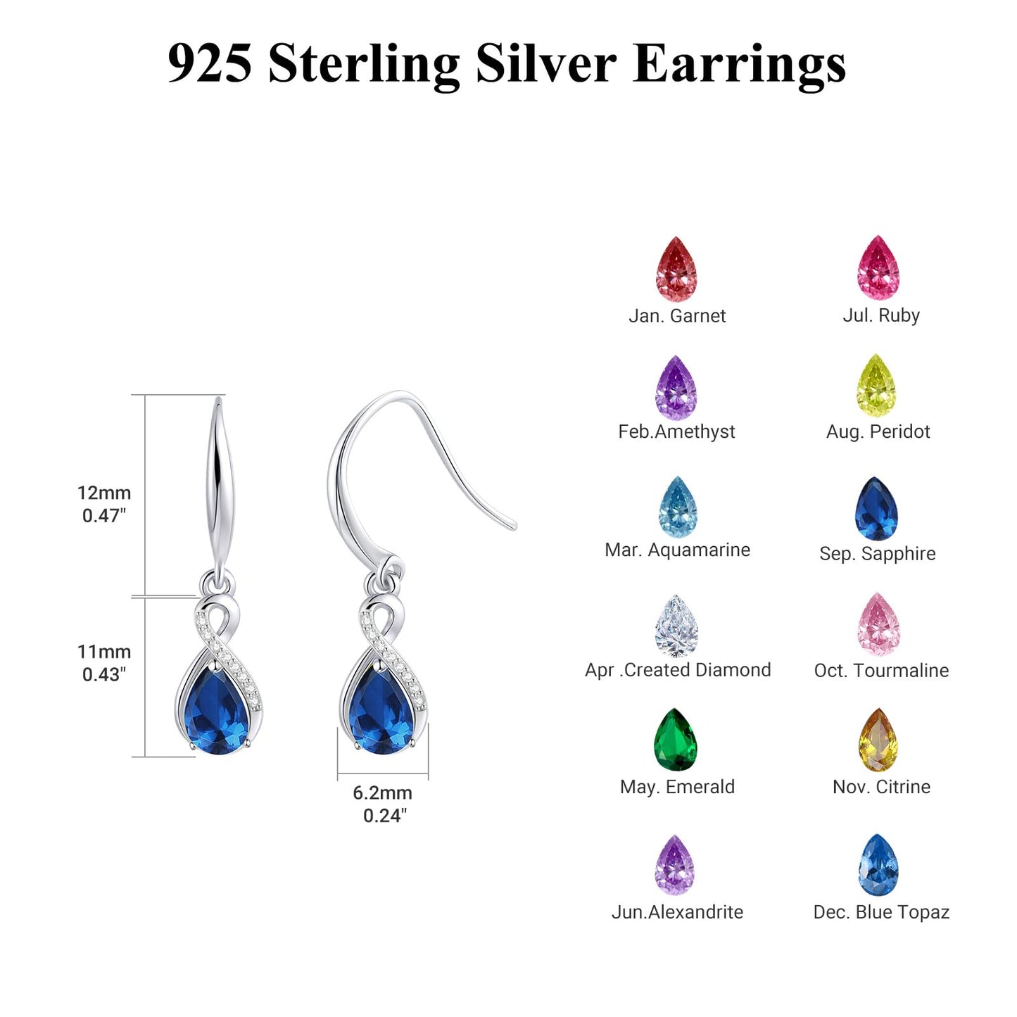 Infinity Birthstone Earrings 18K White Gold Plated 925 Sterling Silver Teardrop Infinity Drop Dangle Earrings September Birthstone Jewelry Birthday Gifts for Women Her Mother Wife