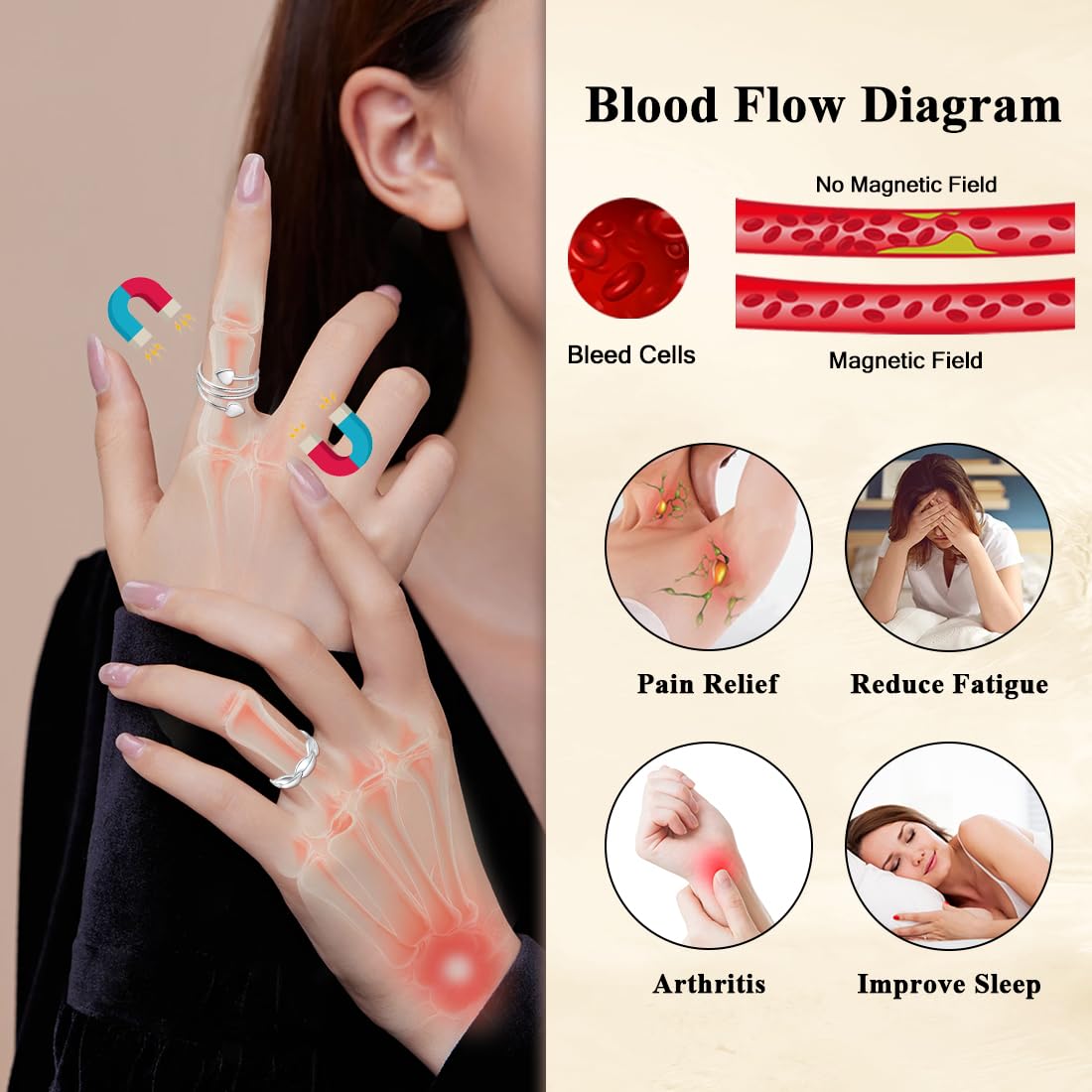 Cigmag 4PCS Copper Rings for Women Magnetic Rings Strong Magnets Pure Copper Adjustable