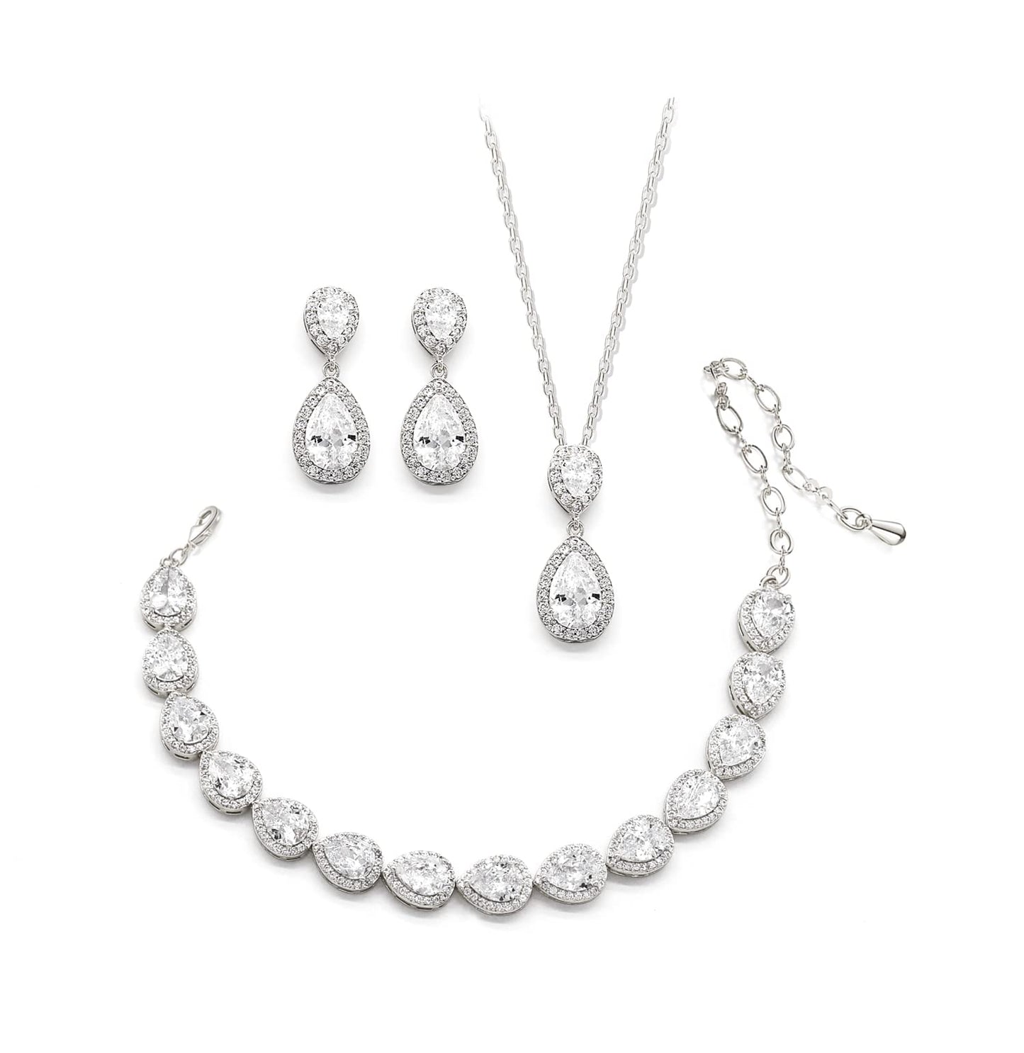 UDYLGOON Elegant Bridal Jewelry Set for Bride Bridesmaid Wedding Prom Teardrop Necklace Earrings Bracelet Set (White Gold Plated)