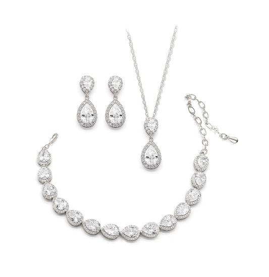 UDYLGOON Elegant Bridal Jewelry Set for Bride Bridesmaid Wedding Prom Teardrop Necklace Earrings Bracelet Set (White Gold Plated)
