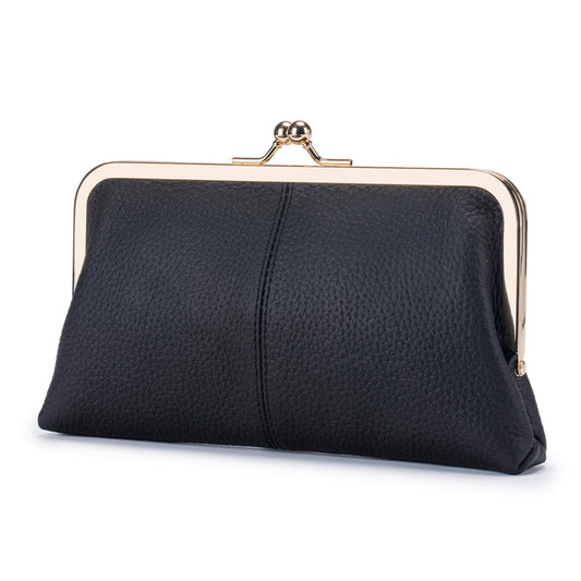Leather Wallet for Women with Kiss Lock Closure, Multiple Card Slots, Smartphone Holder, 8.07 x 4.72 Inches (Black)