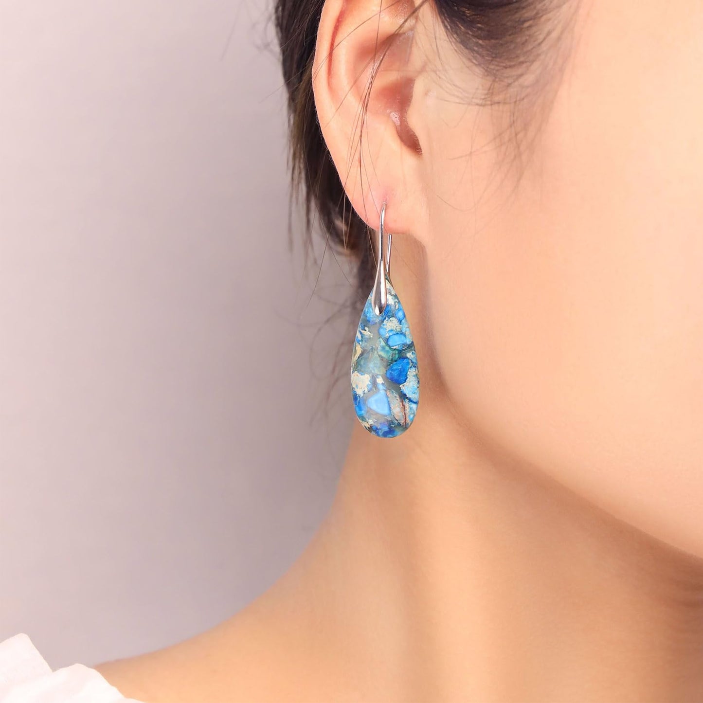 Lettarius Natural Crystal Healing Moon Stone Drop Earrings for Women Blue Sea Sediment Teardrop Birthstone Quartz Dangle Silver Plated Jewelry