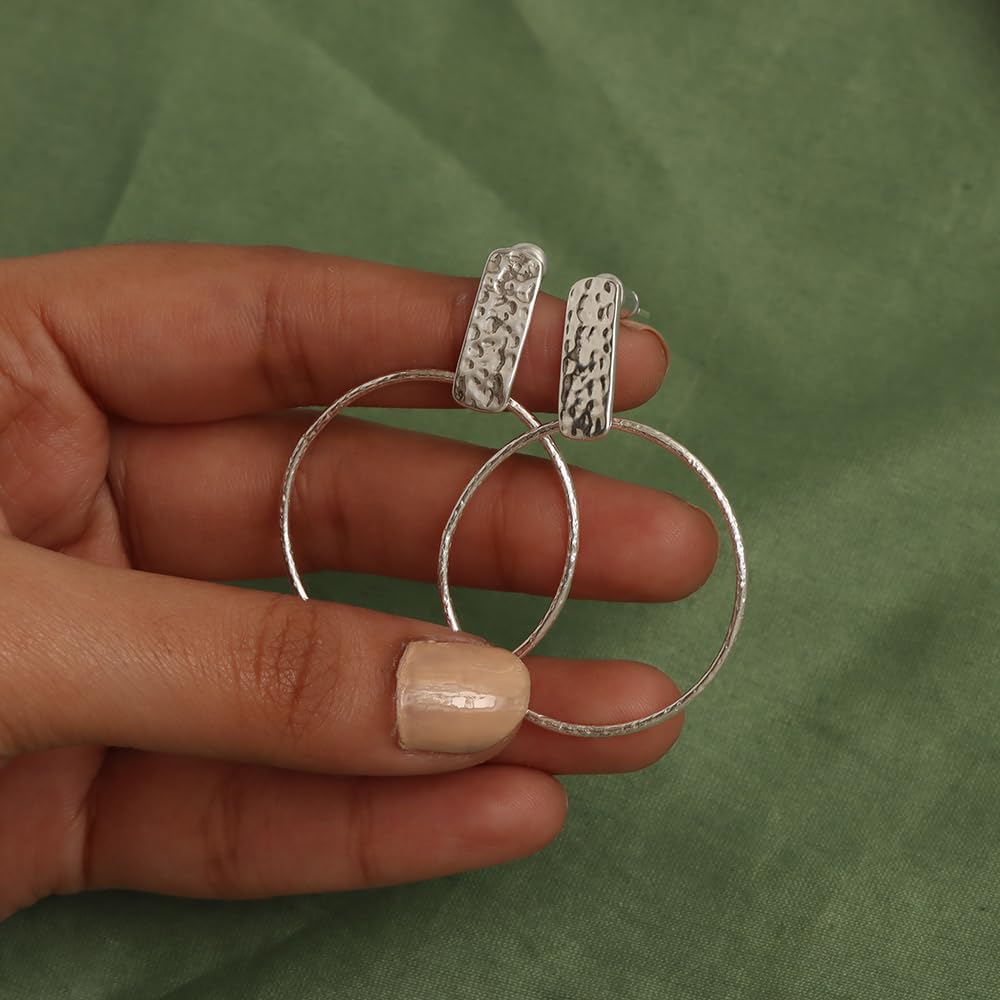 LeCalla 925 Sterling Silver Open Round Drop Dangle Hoop Earring Lightweight Hammered Bar Circle Endless Summer Textured Stud Hoop Earrings for Women 50 MM