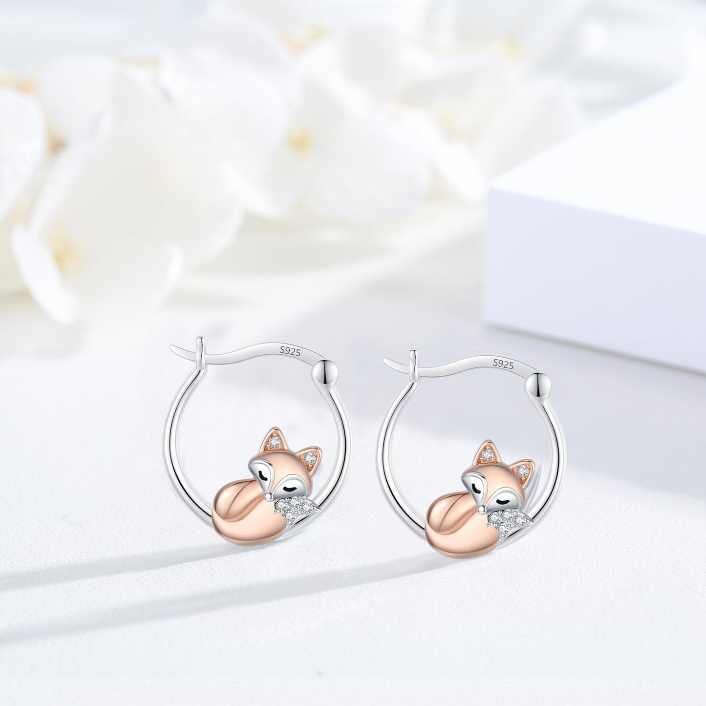 JUSTKIDSTOY Fox Earrings 925 Sterling Silver Cute Animal Hoop Earrings for Sensitive Ears Lucky Jewelry Fox Gifts for Women