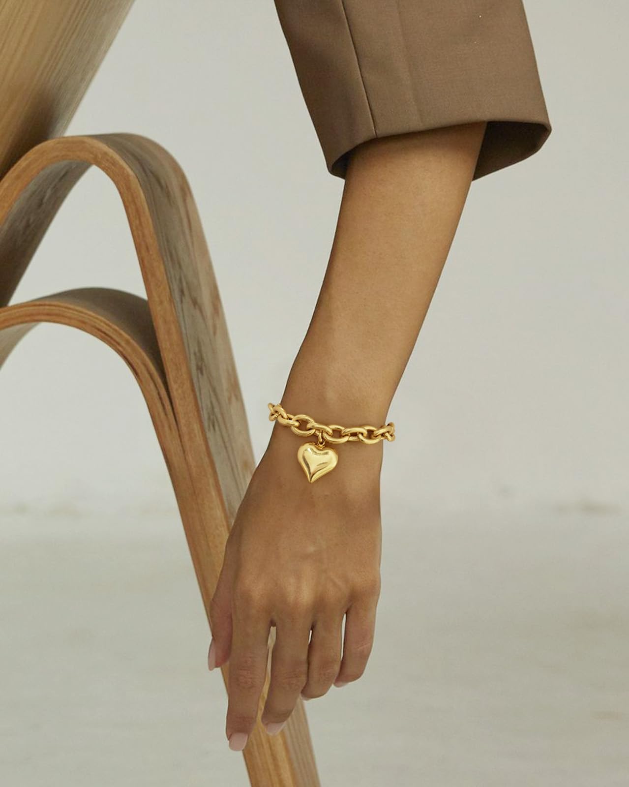 ENSKEFEN Puffy Heart Charm Bracelets for Women Chunky Love Heart Link Bracelets Adjustable Matte Gold Chain Bangle Bracelet