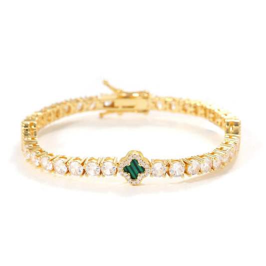 LuxeFlex 4mm Iced Out Clover Tennis Bracelet, White Gold Plated with 5A Zircon Stones, Handmade exquisite Hip Hop Jewelry, Perfect Unisex Gift (Gold-Green,7)