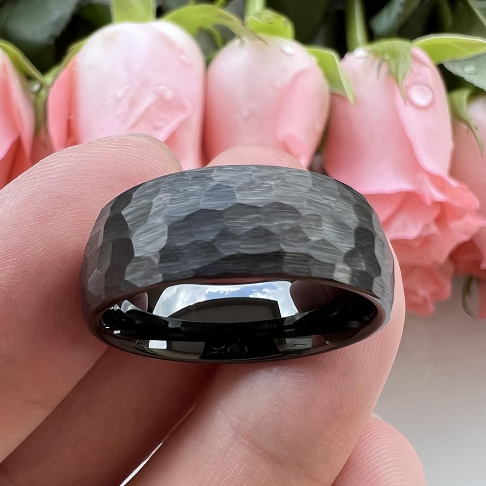 TUTISS 8mm Black Hammered Tungsten Rings for Men Women Fashion Engagement Wedding Bands Domed Matte Finish Comfort Fit Size 7