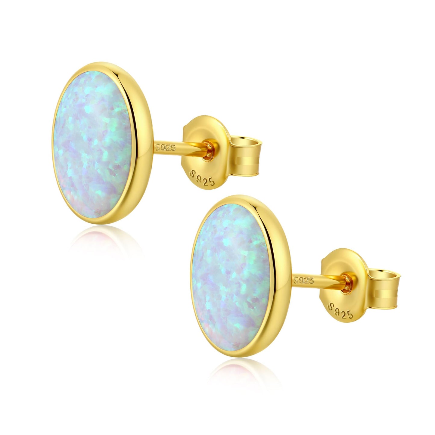 JiayangJY White Fire Opal Stud Earrings for Women 18K Yellow Gold Plated Sterling Silver Oval Shape 5mm Opal Earrings with Push Back
