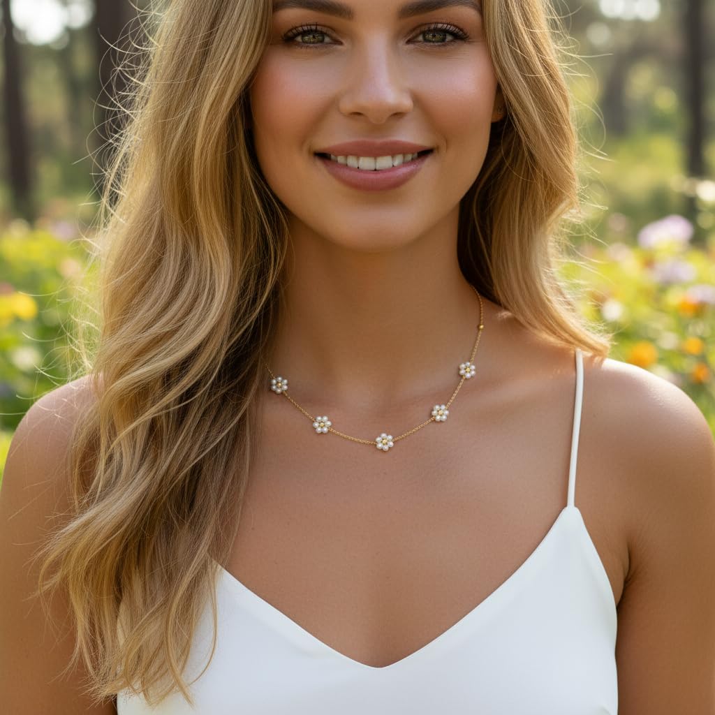 Trinckle Daisy Pearl Necklace, Dainty Daisy Necklace for Women Pressed Flower Jewelry as Prom Gifts, 18K Gold Choker for Women Beach Jewelry Summer Accessories