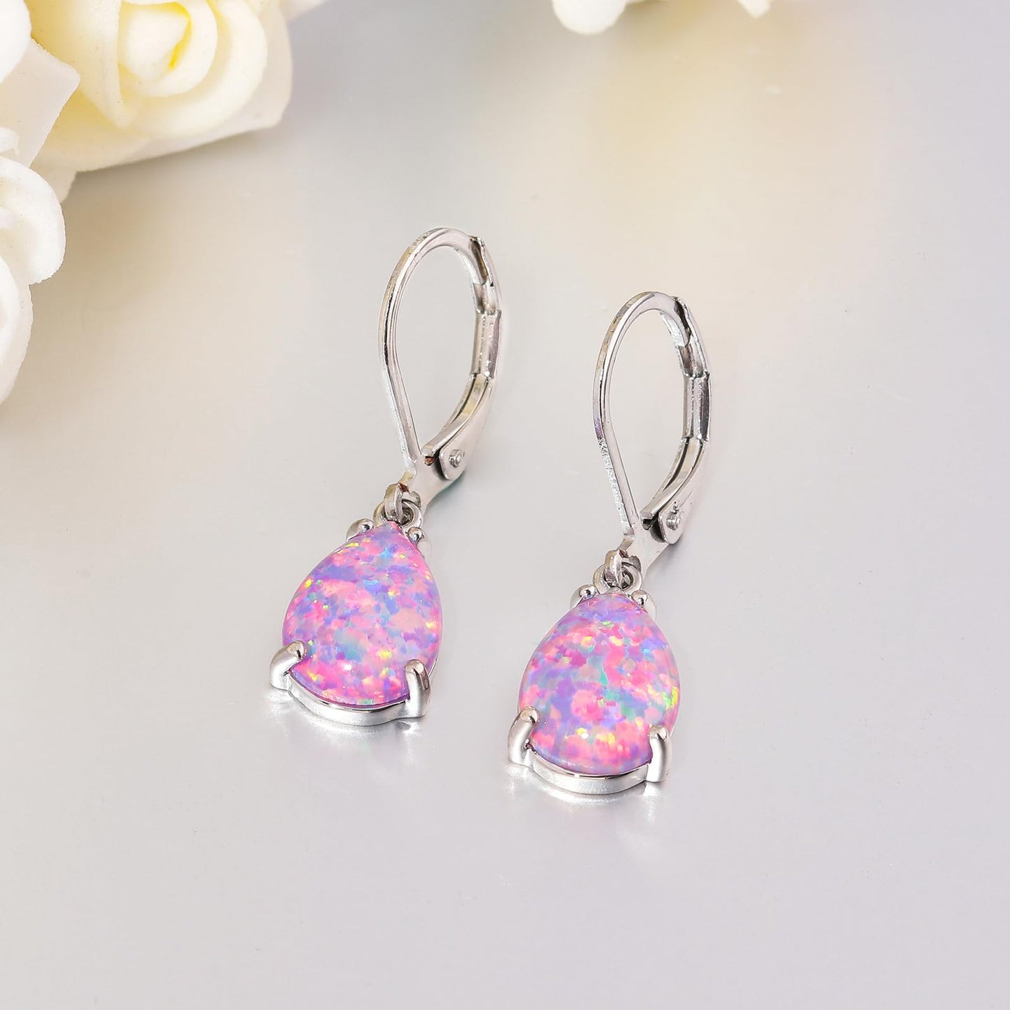 CiNily Teardrop Leverback Dangle Earrings for Women Hypoallergenic Purple Opal Pendant Drop Earrings 14K White Gold Plated Hanging Lever Earrings Jewelry
