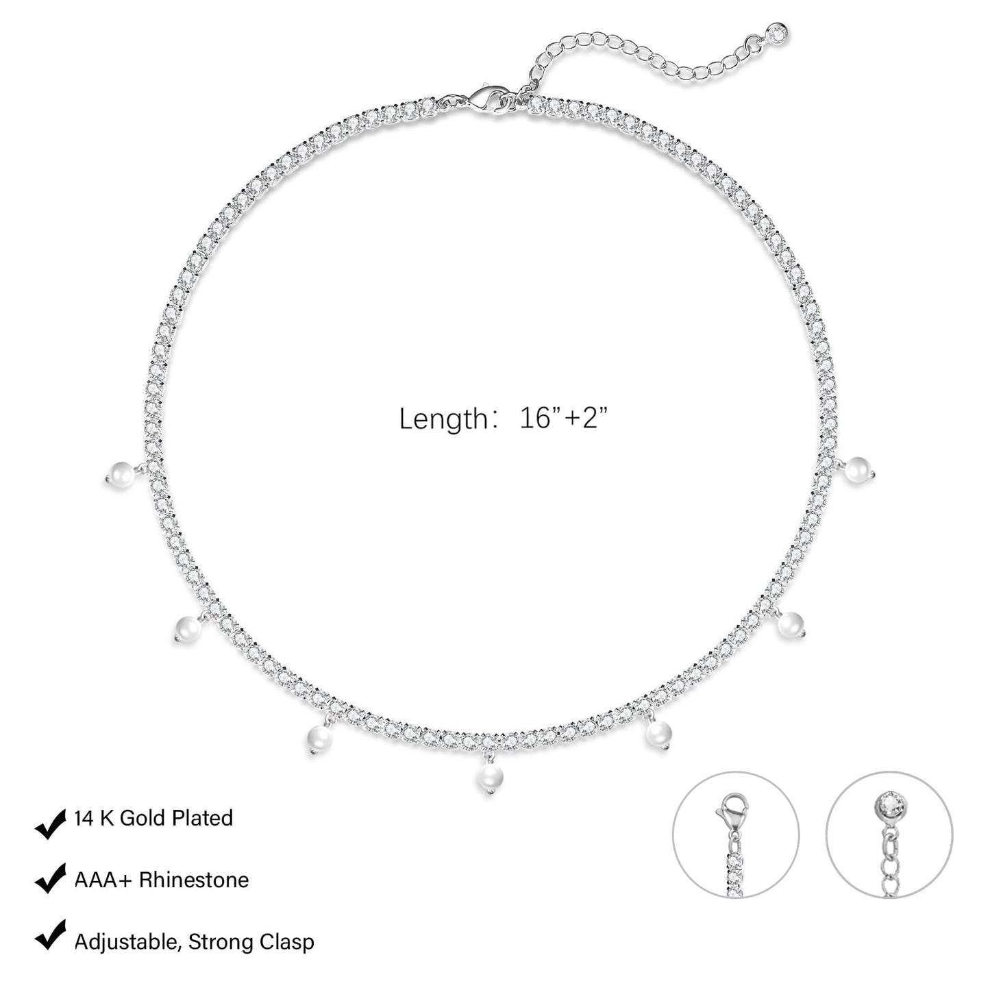 LULII Tennis Necklaces for Women Silver Rhinestone Choker Pearl Charm Necklace Dainty Cubic Zirconia Diamond Chain for Women Silver Jewelry Gift