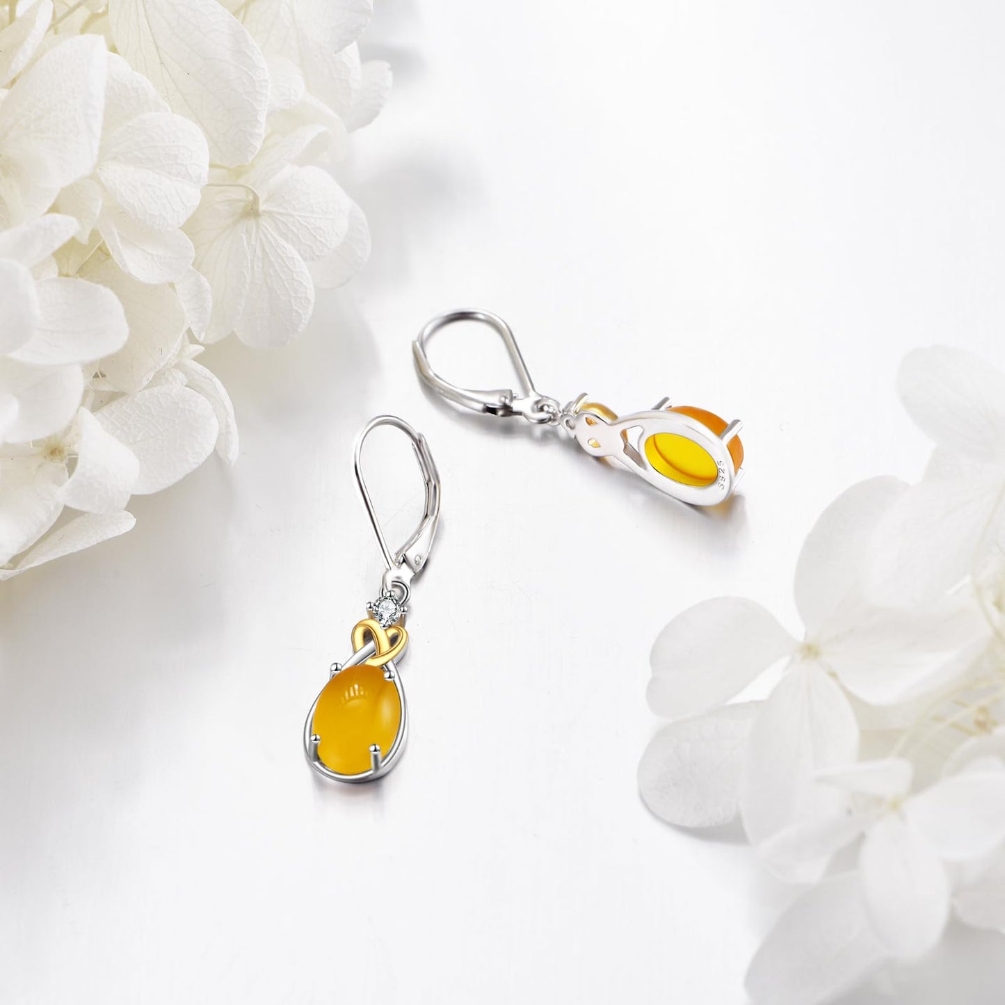 Amber Earrings for Women 925 Sterling Silver Amber Leverback Dangle Earrings Teardrop Jewelry Gift