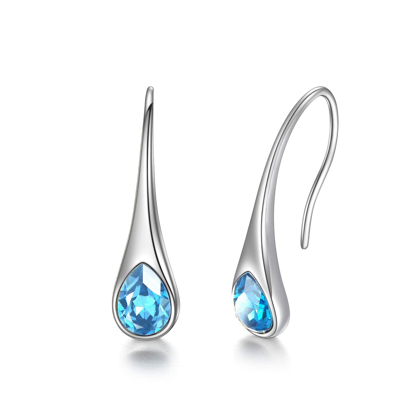 AOBOCO 925 Sterling Silver Small Pear-Shaped Modern Style Hook Dangle Drop Earrings for Women Crystals from Austria (Simulated Aquamarine)