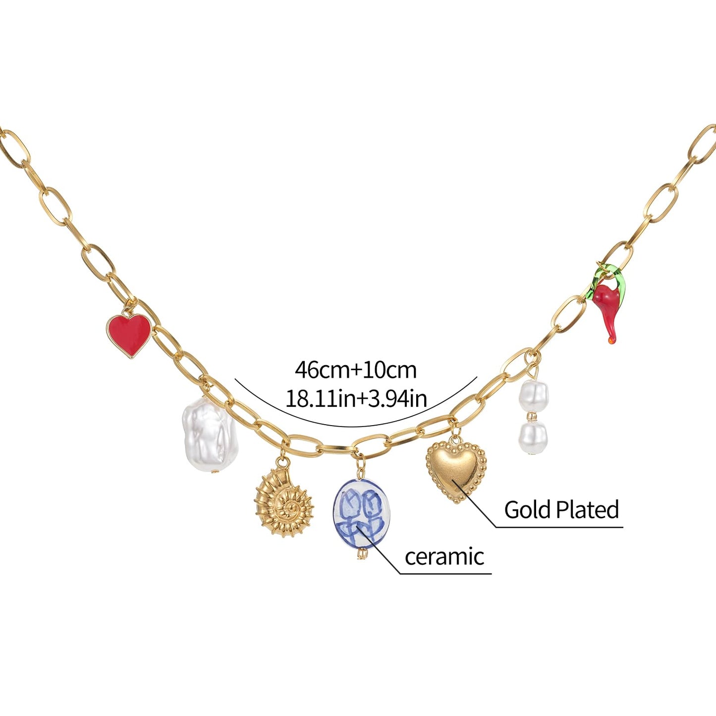 Trendy Stainless Steel Gold Plated Charm Necklace with Heart Pearl Pepper Conch Ceramic Pendant Necklace for Women Collares Chokers Jewelry (Collares Chokers)